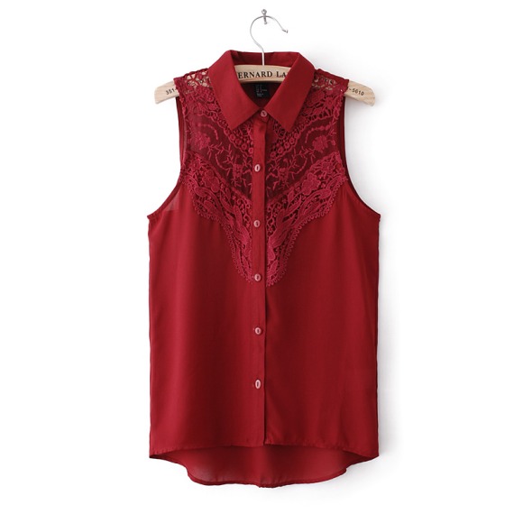 Lace Crocheted Flower Chiffon Shirt Collar Sleeveless Vests [#375]
