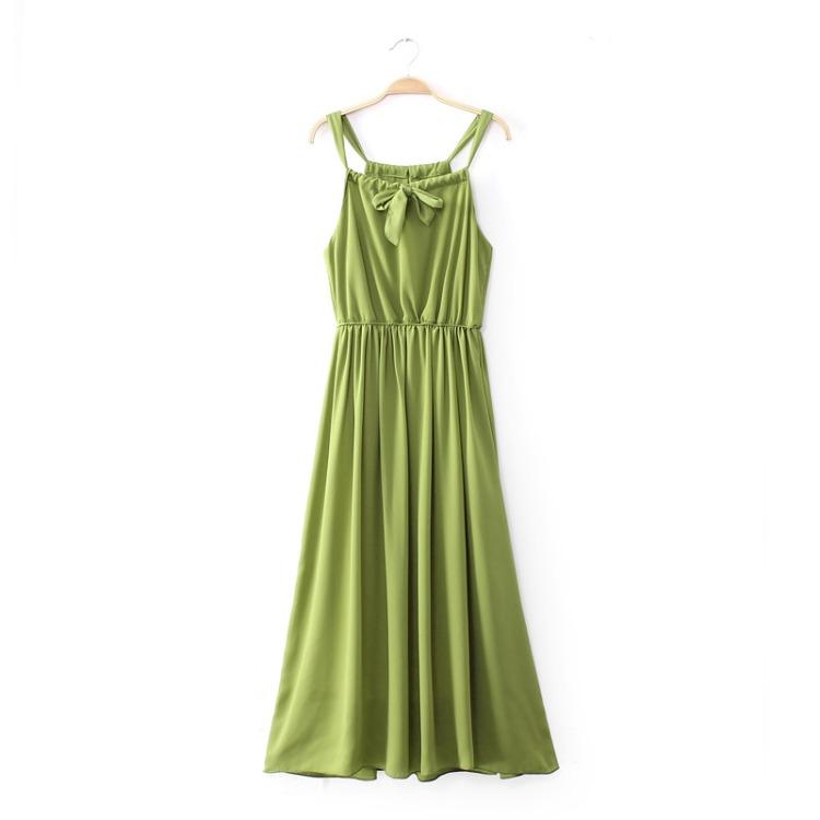 Green Hanging Neck Temperament Fairy Pleated Chiffon Skirt [#1358]
