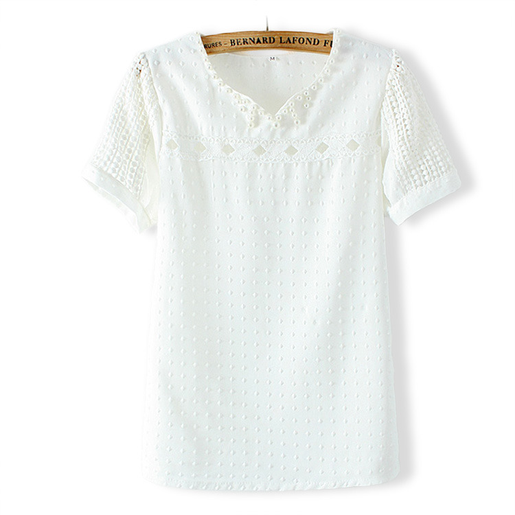 Ladies ' Fashion Bead White Patterned Chiffon Short Sleeve T [#1364]