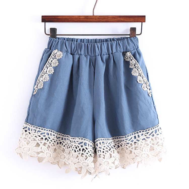 Fresh Small Stitching Elastic Waist Lace Beaded Pants [#1372]