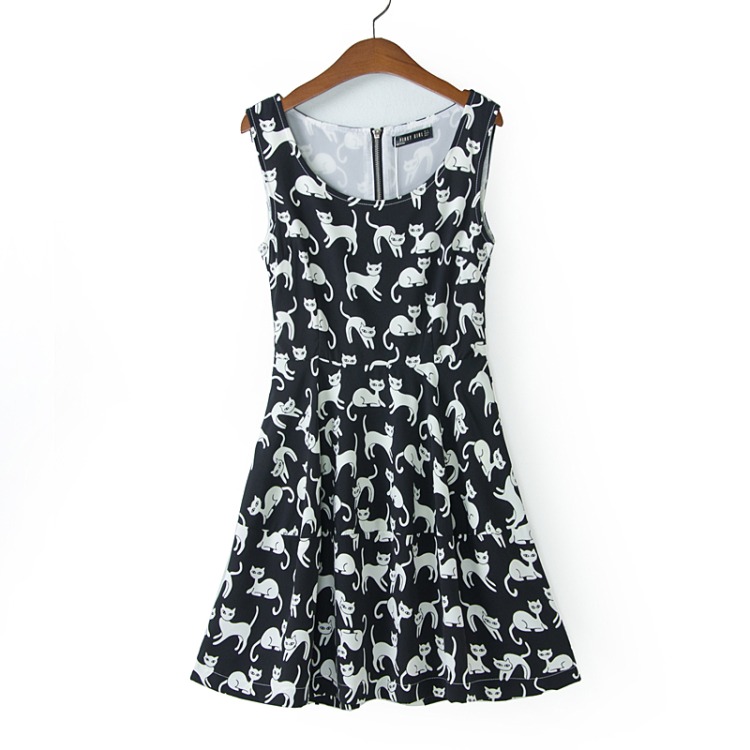 Ladies ' Cat Print Vest Dress Sleeveless Dress [1497] on Luulla