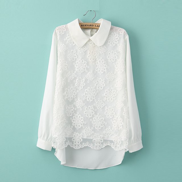 Fashion Doll Collar Lace Blouse With Long Sleeves Slim Chiffon Blouse [#1577]