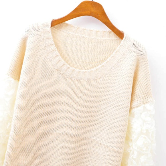 3d Rose Flower Stitch Sweater Sleeves And Lace Knit Jumper [#101] on Luulla