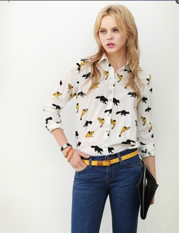 Cat Print Chiffon Shirt/blouse [254] on Luulla